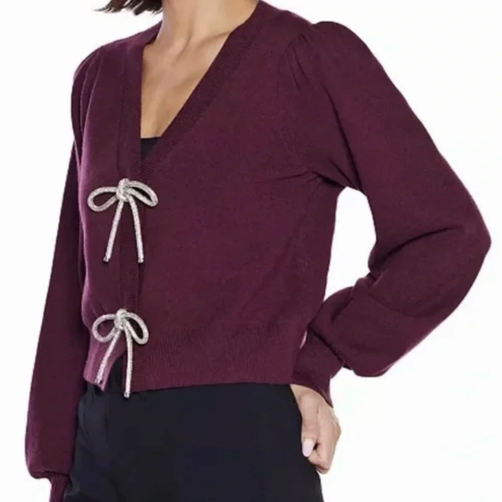 Belldini Balloon Sleeve Burgundy Cardigan Sweater with Rhinestone Bows, Sz M